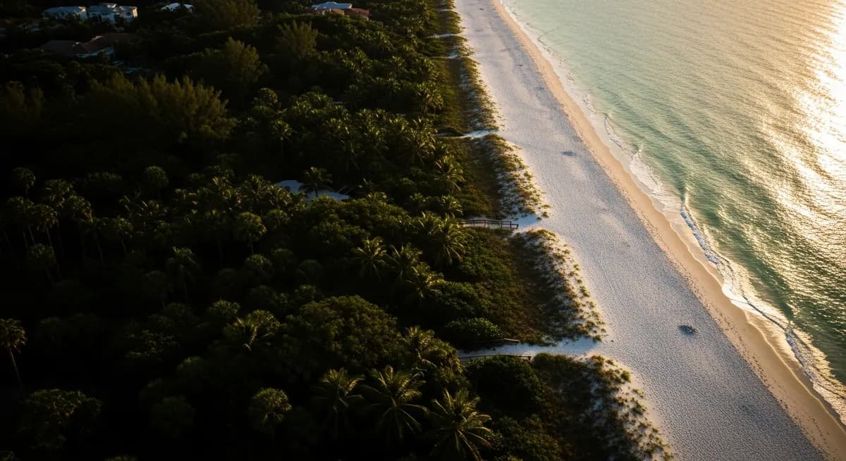 Aerial view of a Gulf beach and palm-lined neighborhood in Naples, Florida
