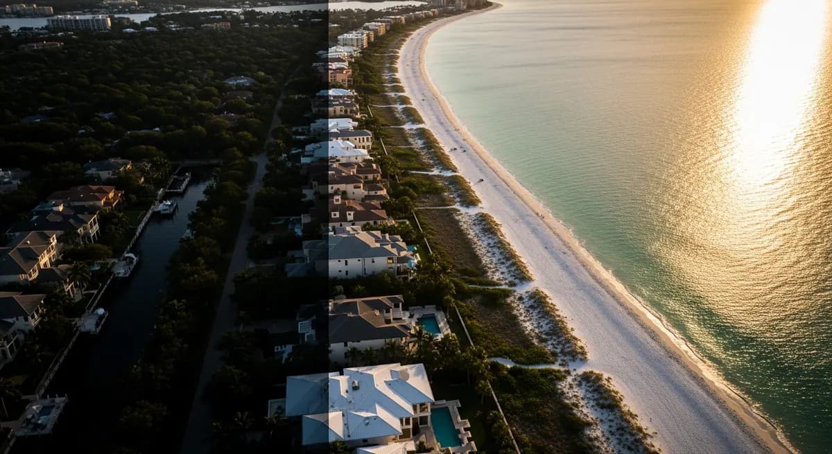 Aerial view of beachfront homes and the Gulf shoreline in Naples, Florida