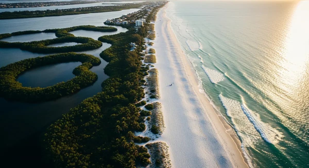 Aerial view of the Naples coastline between the Gulf of Mexico and mangrove waterways