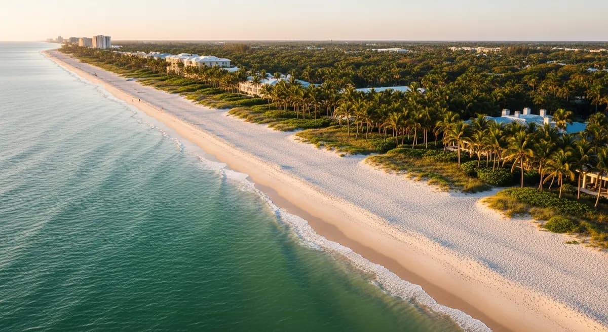 Aerial view of a quiet Naples coastal neighborhood beside the Gulf