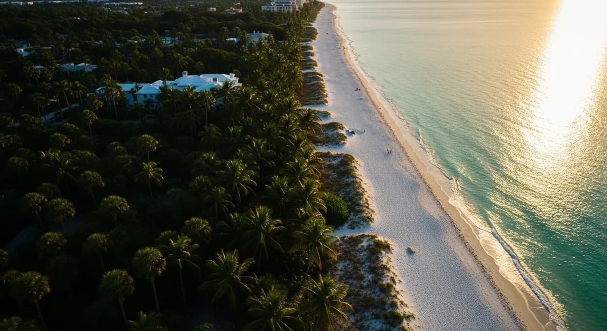 Sunlit aerial view of the Naples, Florida shoreline and palm-lined neighborhoods