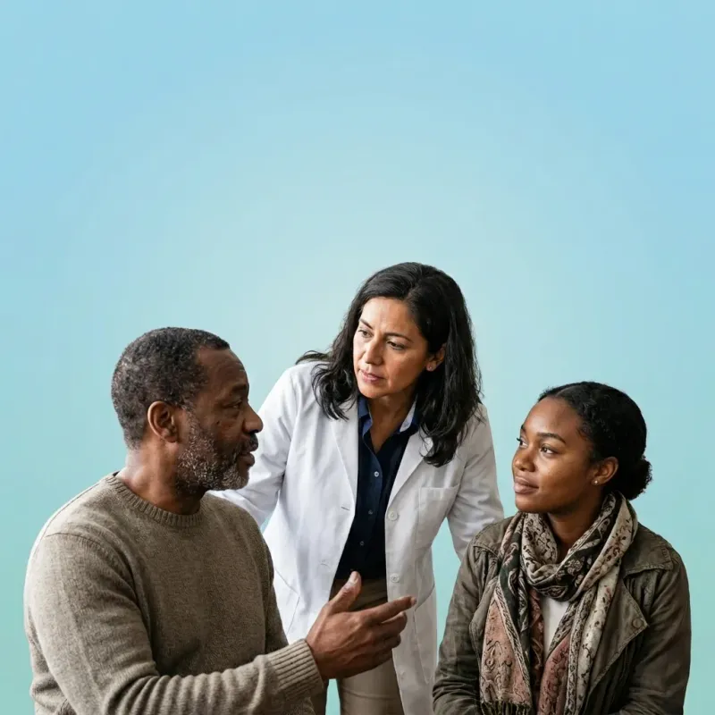 Older patient and family discussing care priorities with a clinician