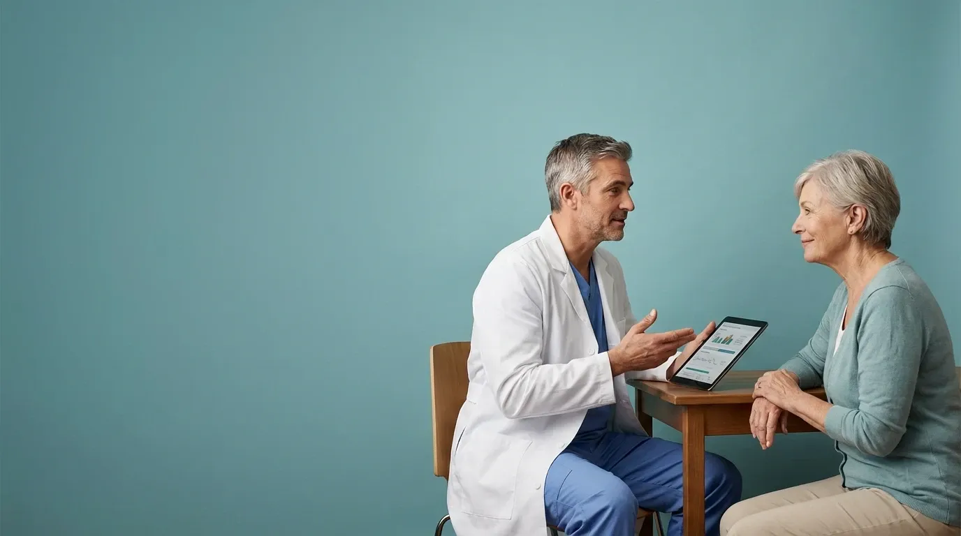 Primary care clinician reviewing a diabetes care plan with an adult patient