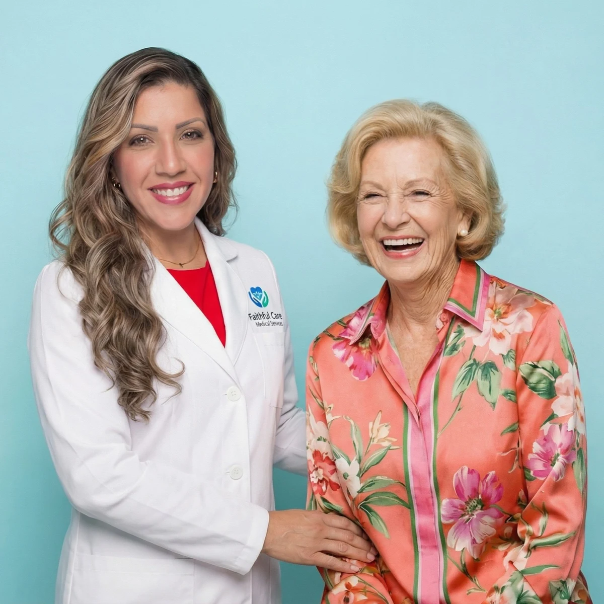 Dr. Reve with a smiling senior patient at Faithful Care Medical Services